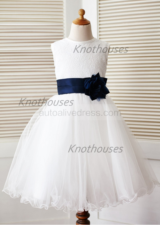 Ivory Sequin Tulle Curly Hem Knee Length Flower Girl Dress